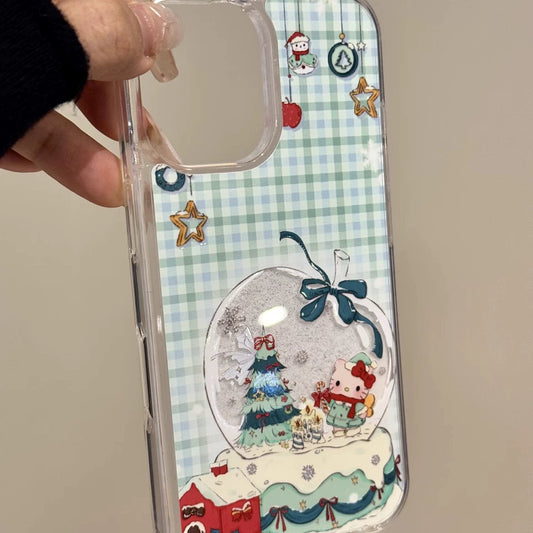 Green Plaid Apple Crystal Ball Cat Cute Phone Case with Bell Pendant Suitable for iPhone16 iPhone15 iPhone14 iPhone13