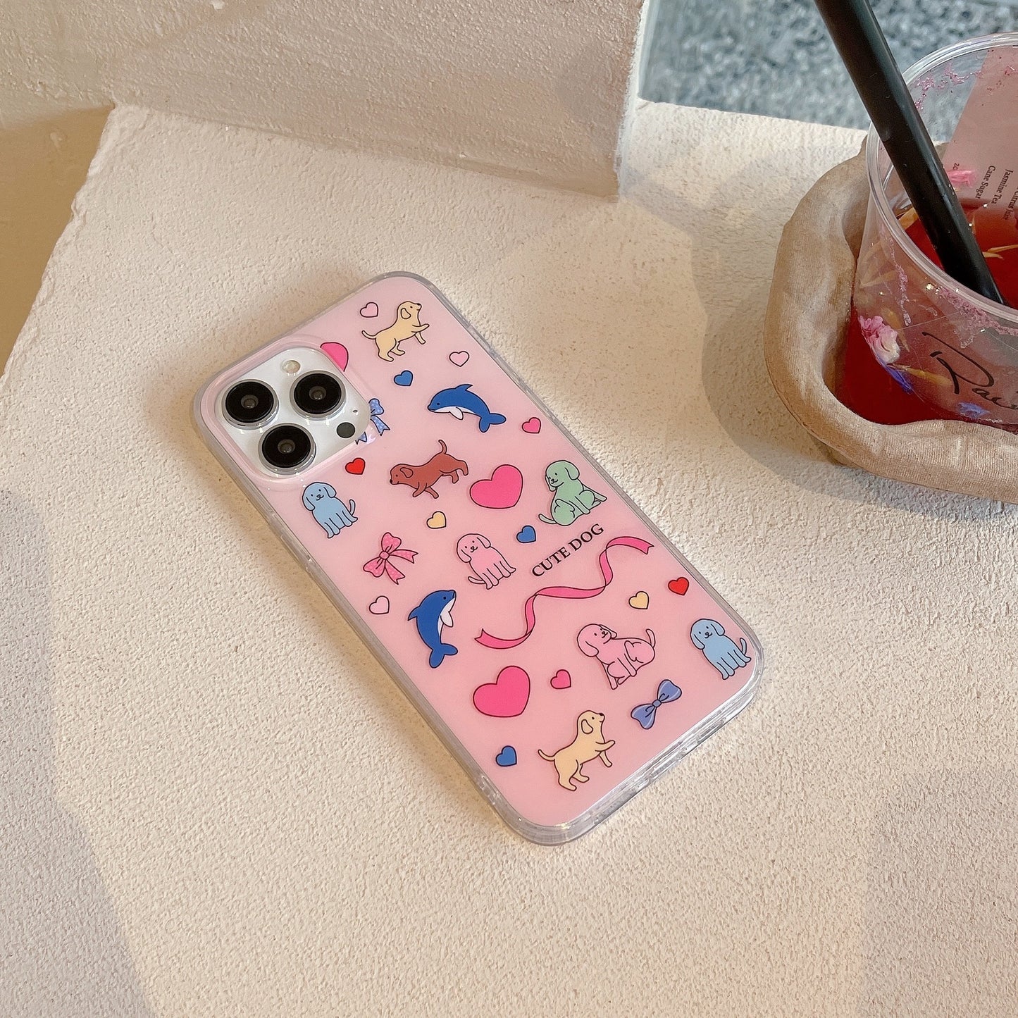 Double-layer Printing Graffiti Pink Cute Animal Puppy Dolphin Love Aesthetics Phone Case Suitable for iPhone16 iPhone15 iPhone14 iPhone13