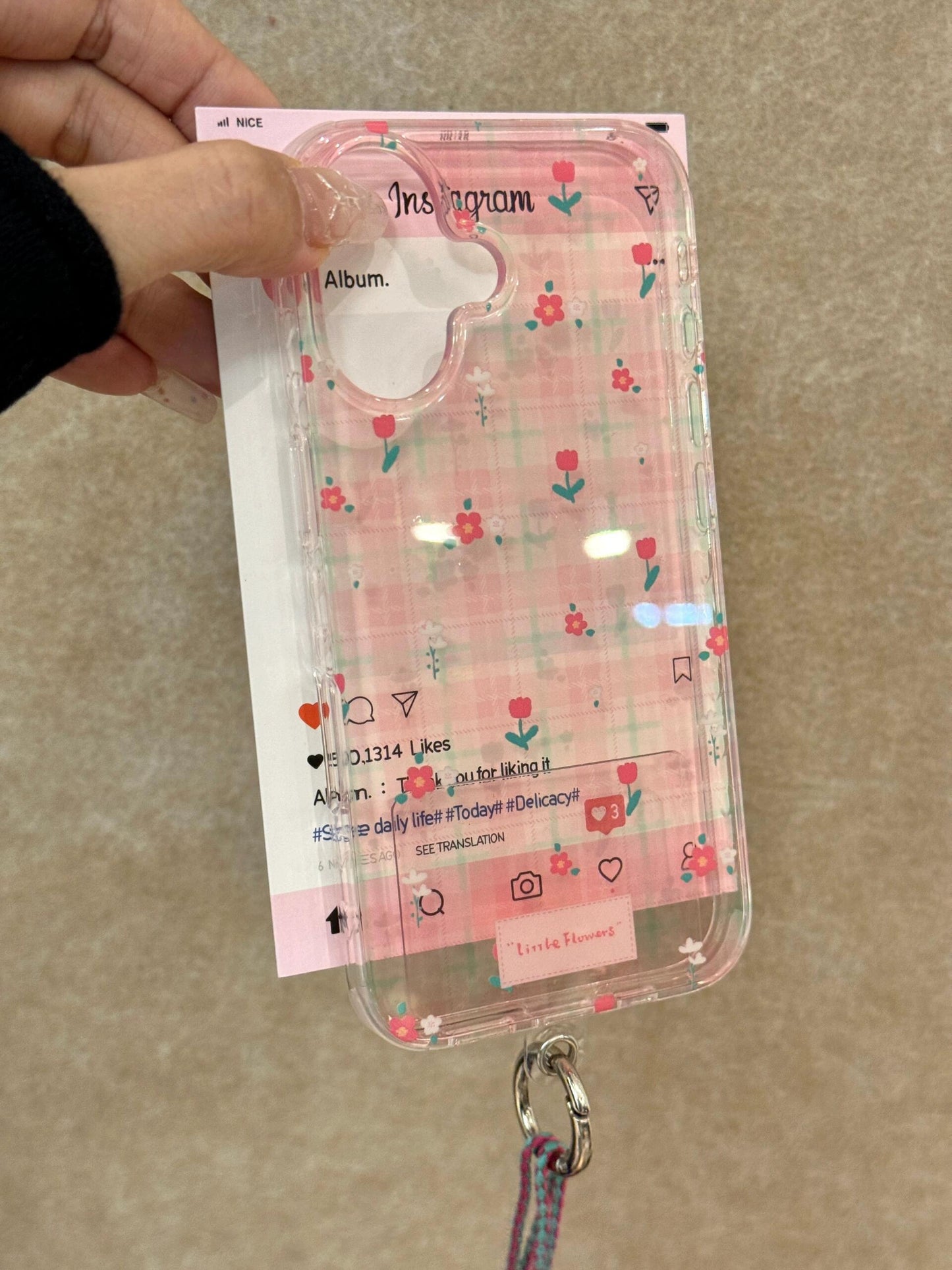 Pink Plaid Full Screen Tulip Sweet Girl Phone Case with Phone Chain Pendant Suitable for iPhone16 iPhone15 iPhone14 iPhone13