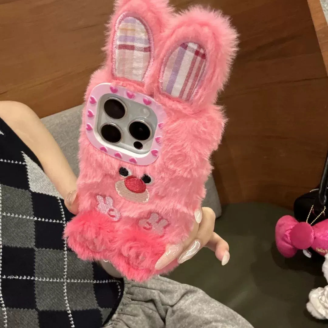 Plush Cute Gesture Rabbit Bear Pink Brown Phone Case Suitable for iPhone16 iPhone15 iPhone14 iPhone13