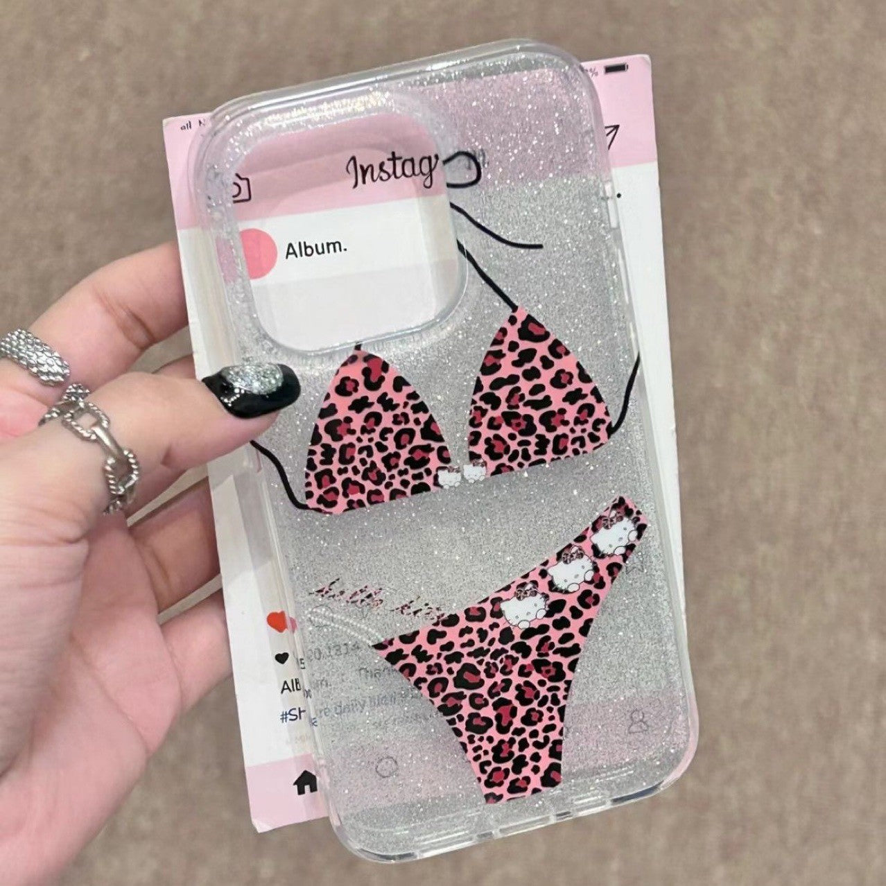 Cat Bikini Silver Glitter Phone Case Suitable for iPhone16 iPhone15 iPhone14 iPhone13