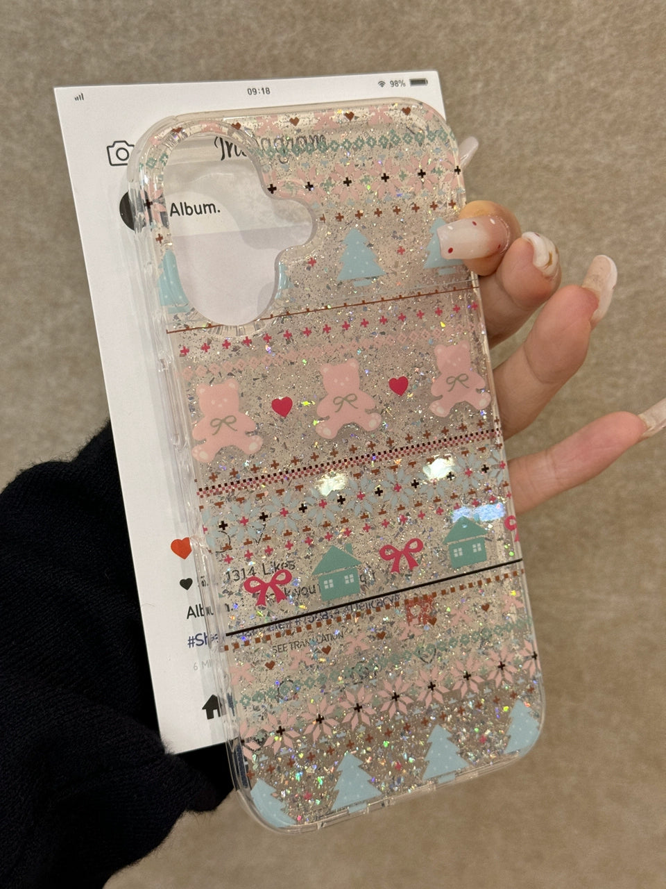 Love Christmas Tree Bow Bear Small House Shiny Aesthetic Mobile Phone Case with Mobile Phone Chain Pendant Suitable for iPhone16 iPhone15 iPhone14 iPhone13