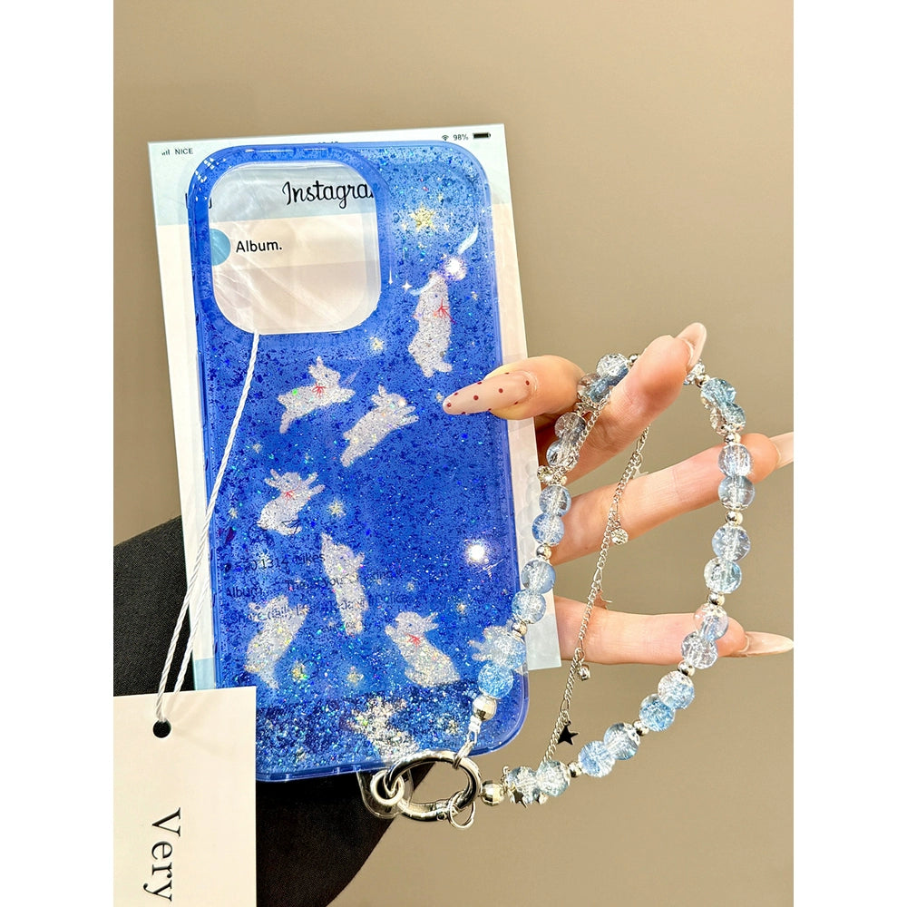 Sequin Glitter Transparent Blue Star Chasing Rabbit Chain Dream Aesthetic Mobile Phone Case Suitable for iPhone16 iPhone15 iPhone14 iPhone13