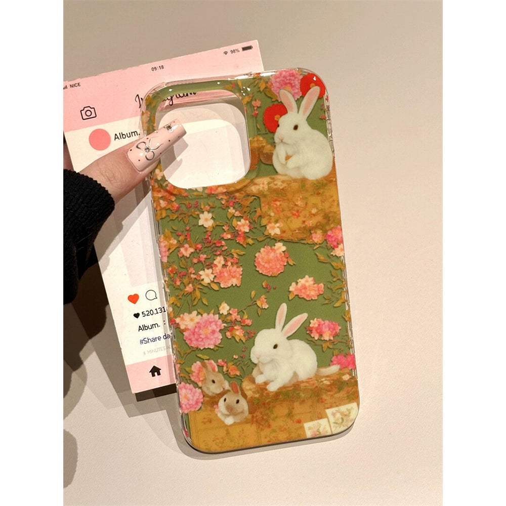 Pastoral Style Cartoon Green Background Floral Bunny Garden Cute Aesthetic Mobile Phone Case with Mobile Phone Chain Pendant Suitable for iPhone16 iPhone15 iPhone14 iPhone13