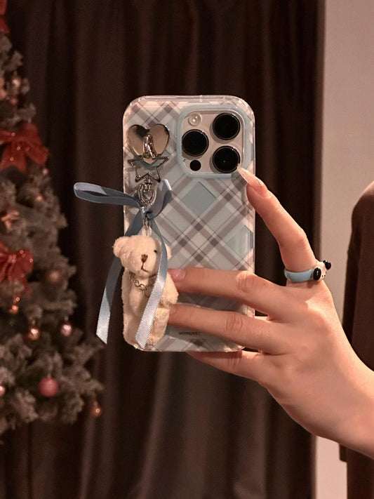 Sweet Sister Blue Plaid Bow Aesthetic Mobile Phone Case with Plush Bear Pendant Mobile Phone Chain Suitable for iPhone16 iPhone15 iPhone14 iPhone13