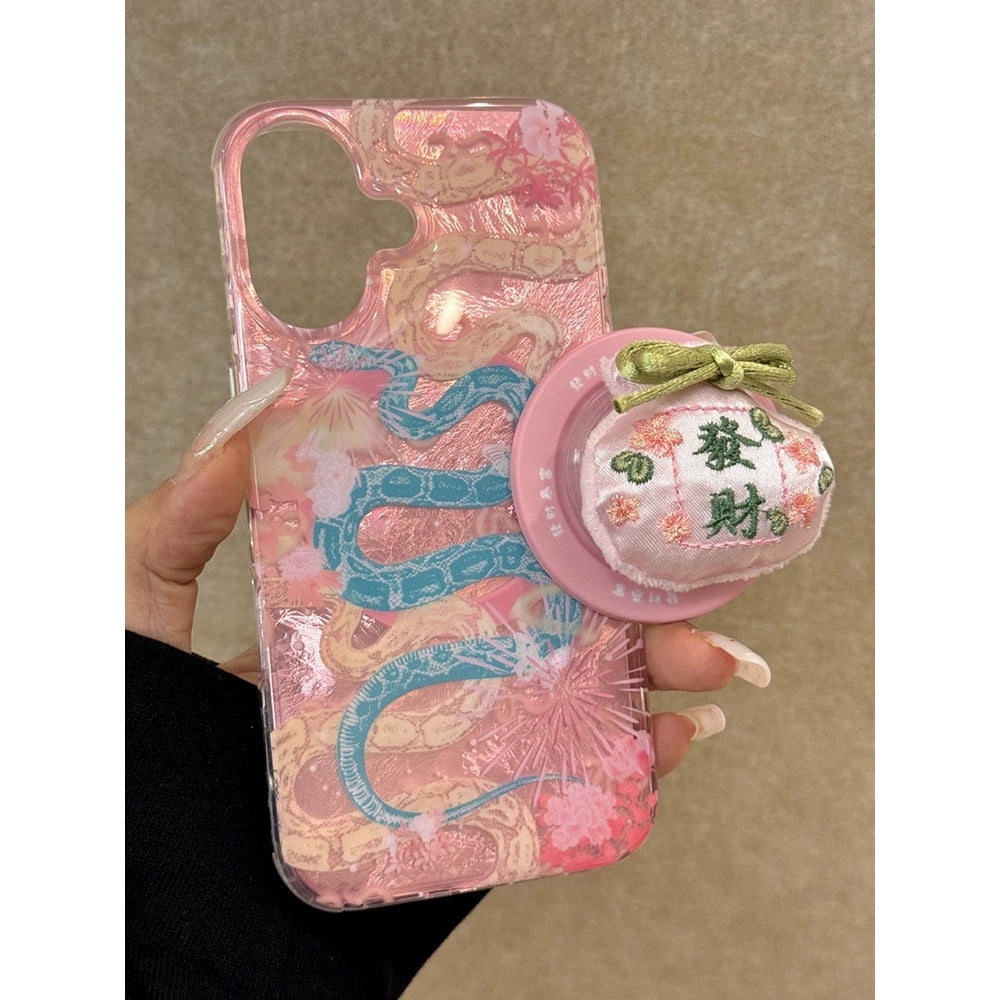 Pink and Blue Snake Get Rich Aesthetic Mobile Phone Case, Suitable for iPhone16promax iPhone15pro iPhone14 iPhone13 Protective Case, Double-layer Magnetic Lucky Bag Bracket, Chinese Style