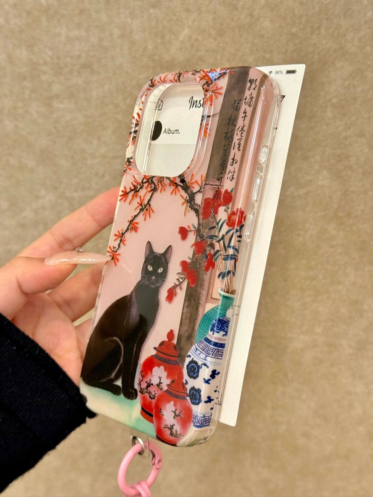 Chinese Style Text Black Cat Ceramic Aesthetic Mobile Phone Case with Mobile Phone Chain Pendant Suitable for iPhone16 iPhone15 iPhone14 iPhone13