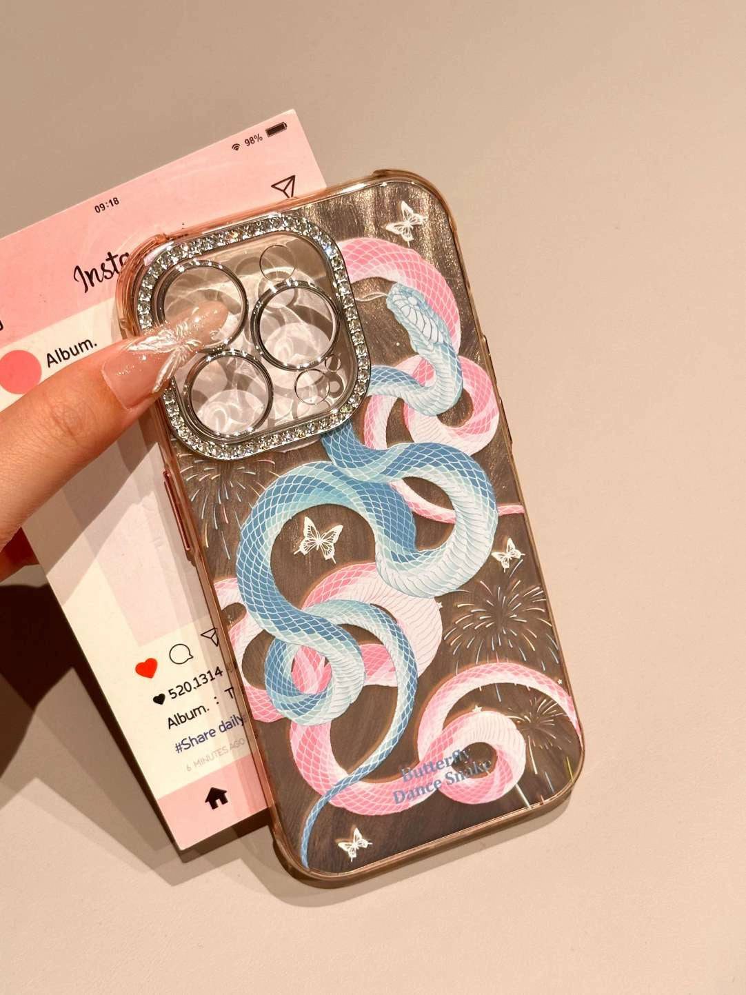 Foundation Line Drawing Butterfly Snake Diamond Lens Art Aesthetics Mobile Phone Case Suitable for iPhone16 iPhone15 iPhone14 iPhone13