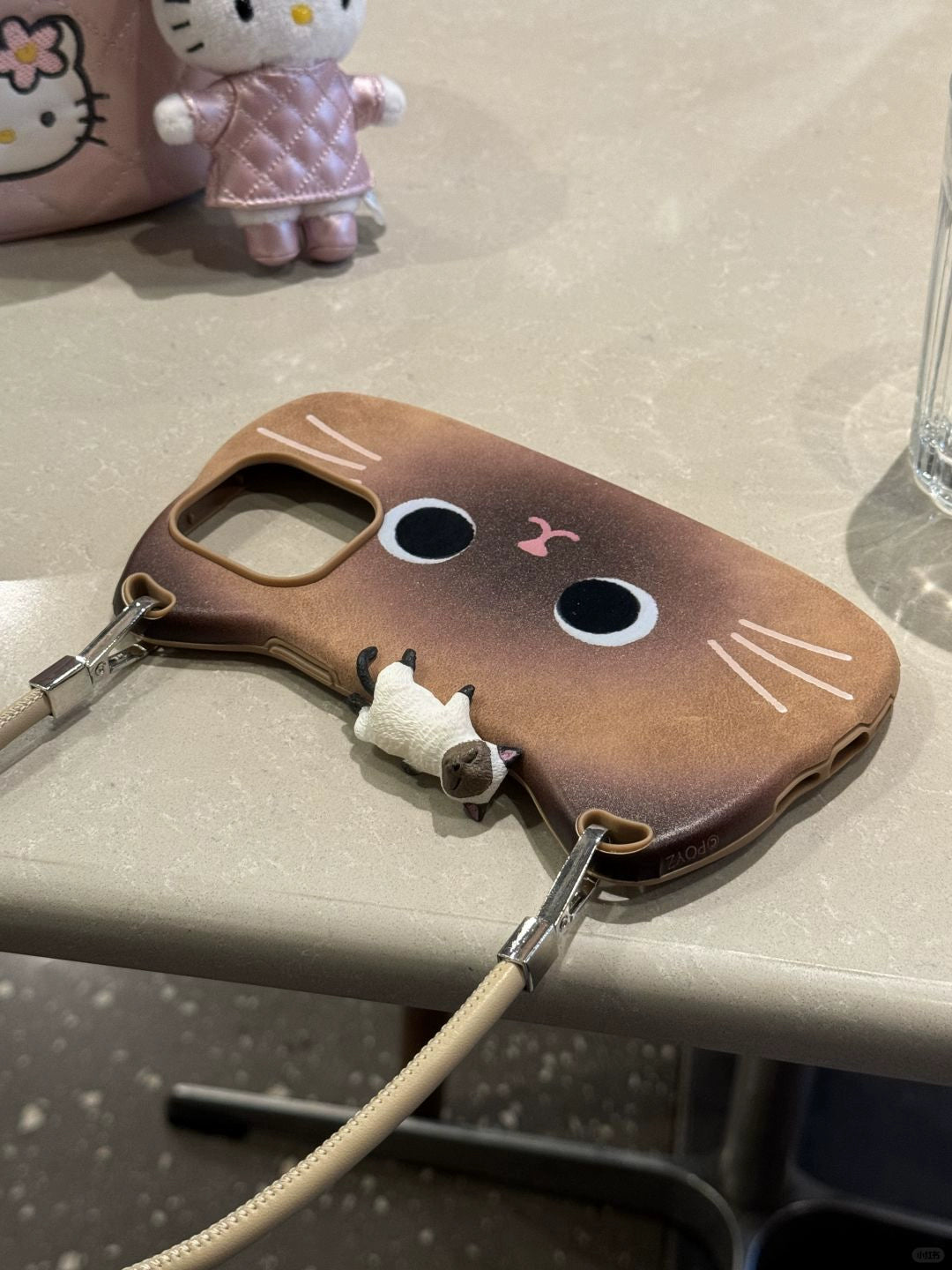 Leather Pattern Bag Shape Cat Expression Three-dimensional Cat Mobile Phone Case with Leather Rope Bracelet Suitable for iPhone16 iPhone15 iPhone14 iPhone13