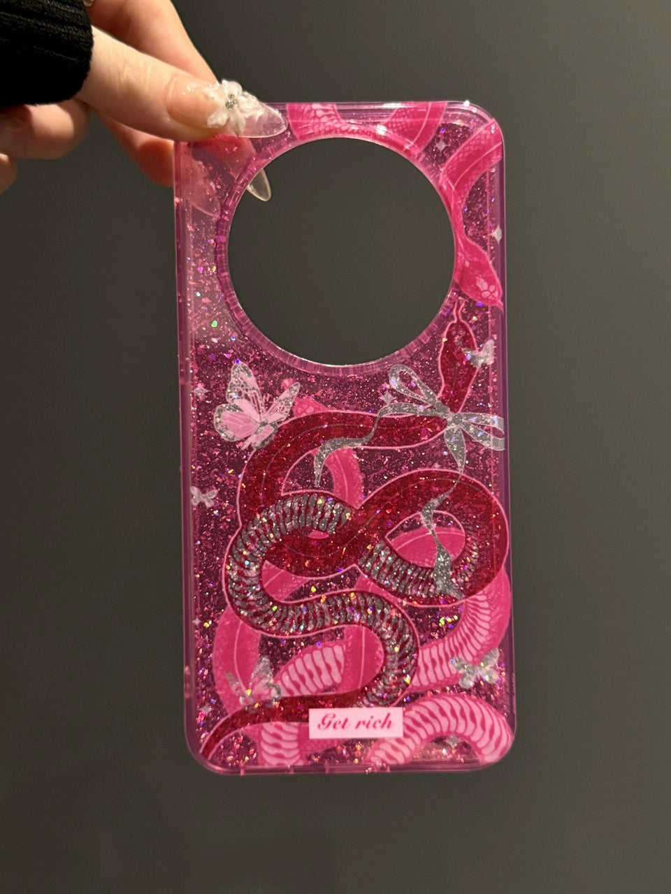 Rose Pink Butterfly Snake Bow Aesthetic Mobile Phone Case, Suitable for Huawei Mate60pro New Pura70 Anti-drop Iphone16 Glitter