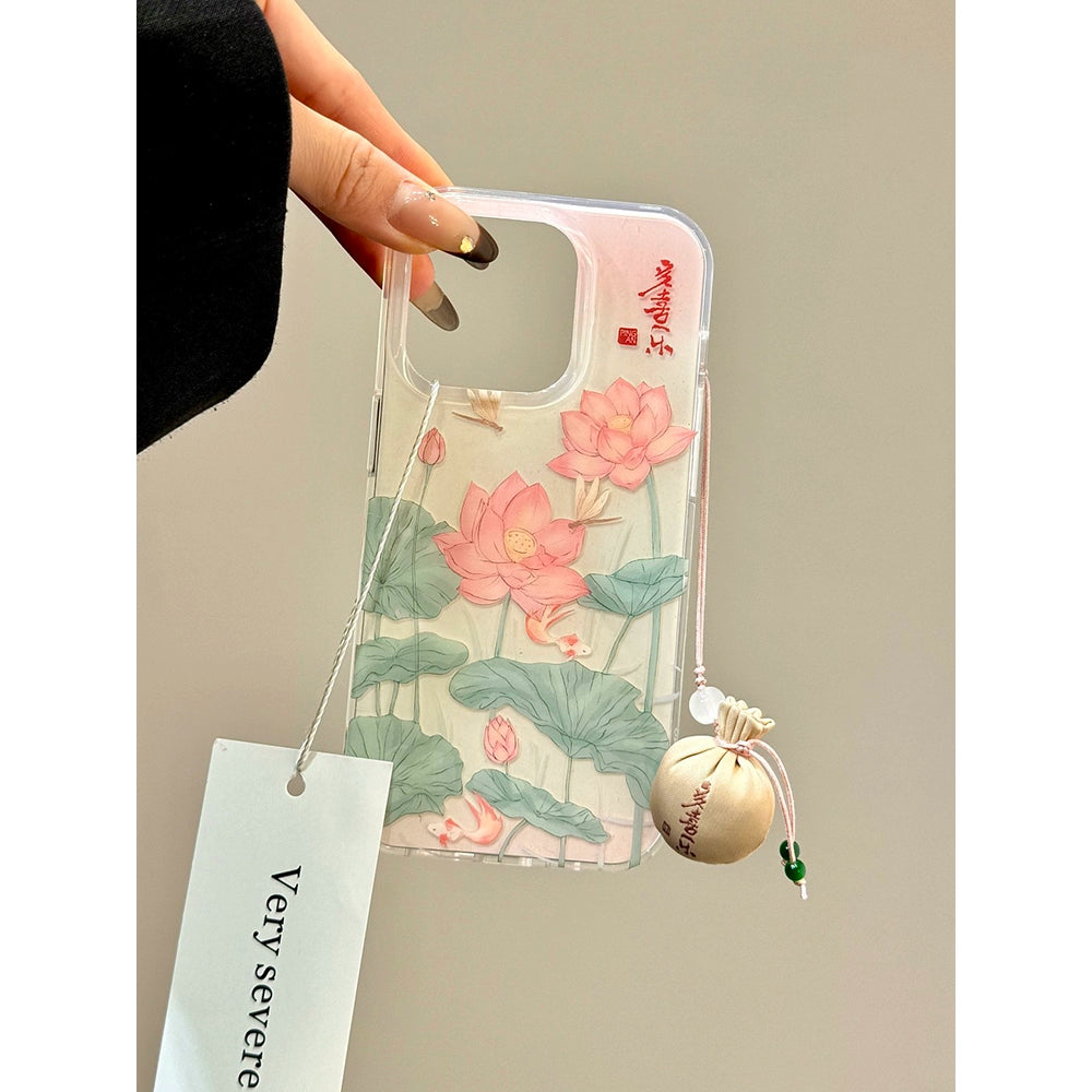 Green Bamboo Butterfly Lotus Koi Aesthetic Mobile Phone Case with Lucky Bag Pendant Suitable for iPhone16 iPhone15 iPhone14 iPhone13