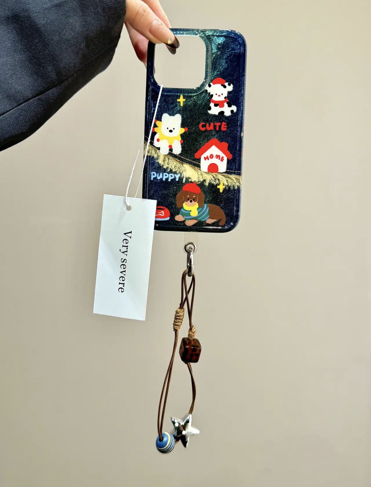 All-inclusive Double-layer Korean Denim Blue Small House Dog Cute Aesthetic Mobile Phone Case Suitable for iPhone16 iPhone15 iPhone14 iPhone13 with Phone Chain Pendant