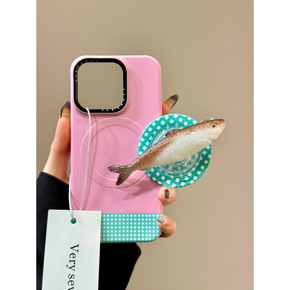 Three-dimensional Salted Fish Magnetic Suction Bracket Pink Mobile Phone Case Suitable for iPhone16 iPhone15 iPhone14 iPhone13