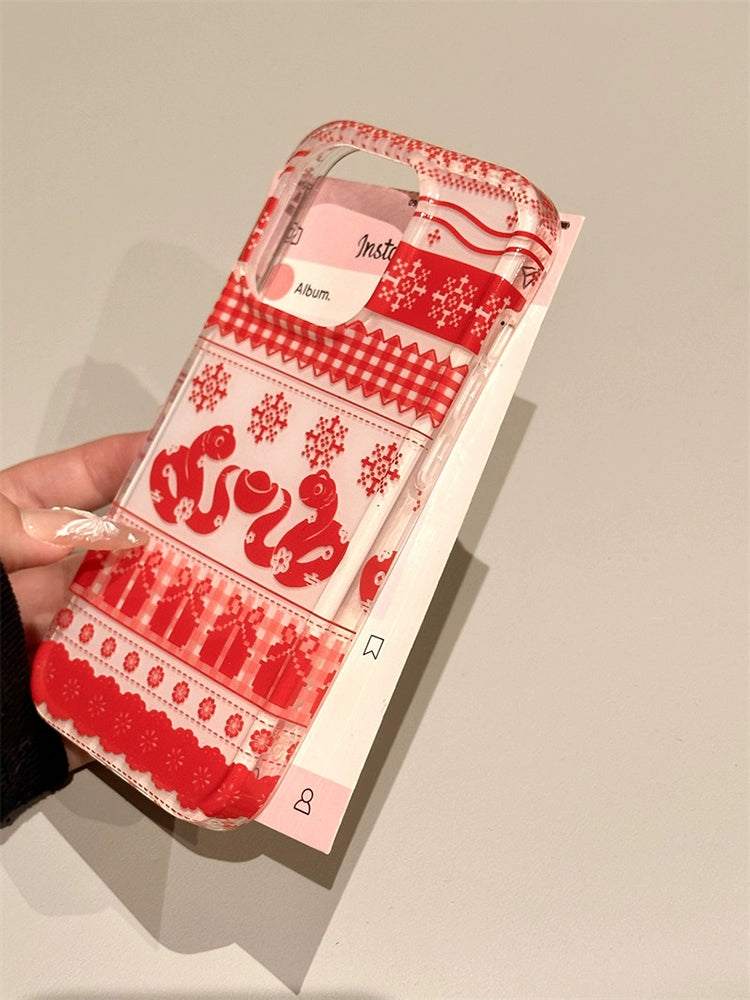 Red Background Snowflake Ingot Snake Lucky Phone Case Suitable for iPhone16 iPhone15 iPhone14 iPhone13