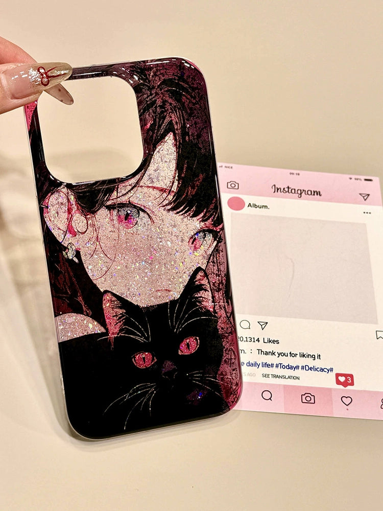 Sequin Double Layer Black Pussy Girl Cute Aesthetic Phone Case Suitable for iPhone16 iPhone15 iPhone14 iPhone13