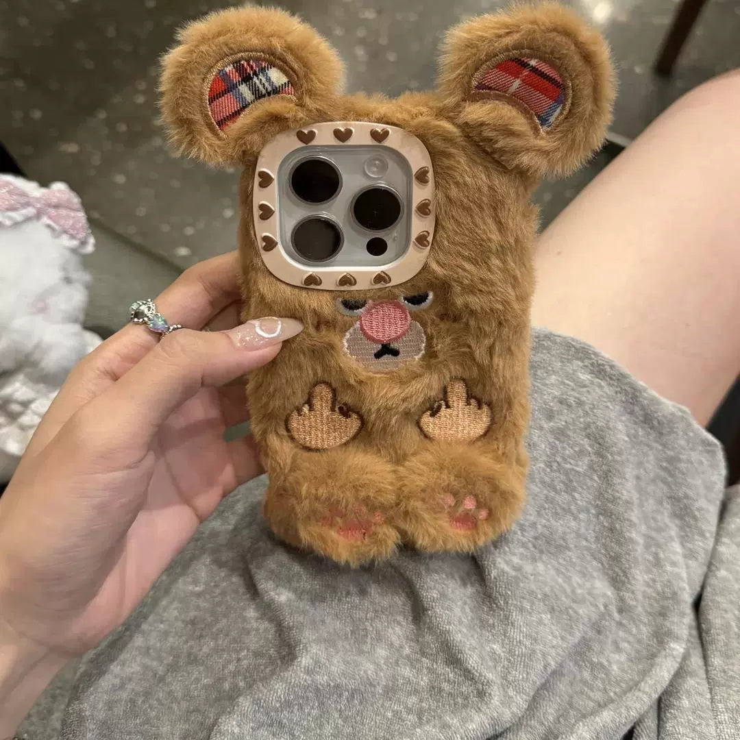 Plush Cute Gesture Rabbit Bear Pink Brown Phone Case Suitable for iPhone16 iPhone15 iPhone14 iPhone13