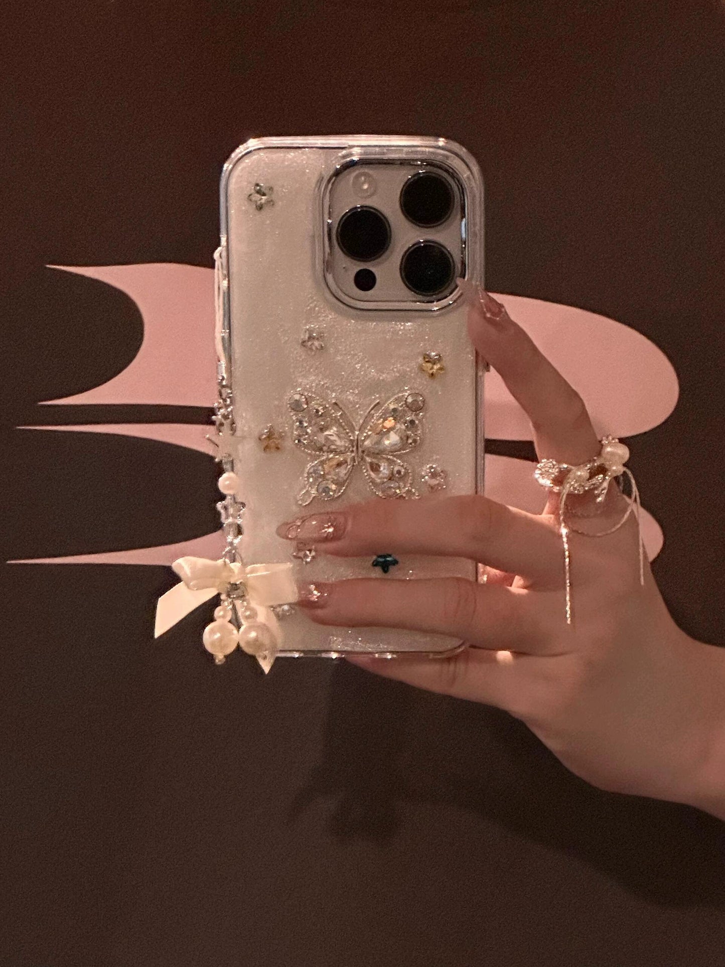 Shiny Rhinestone Three-dimensional Butterfly Snowflake Epoxy Aesthetic Mobile Phone Case with Bow Pearl Mobile Phone Chain Pendant Suitable for iPhone16 iPhone15 iPhone14 iPhone13