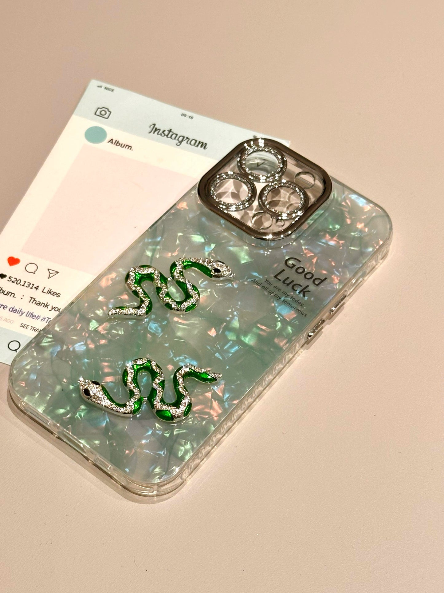 Smudge Green Sticker Diamond Snake Shell Pattern Aesthetic Mobile Phone Case Suitable for iPhone16 iPhone15 iPhone14 iPhone13