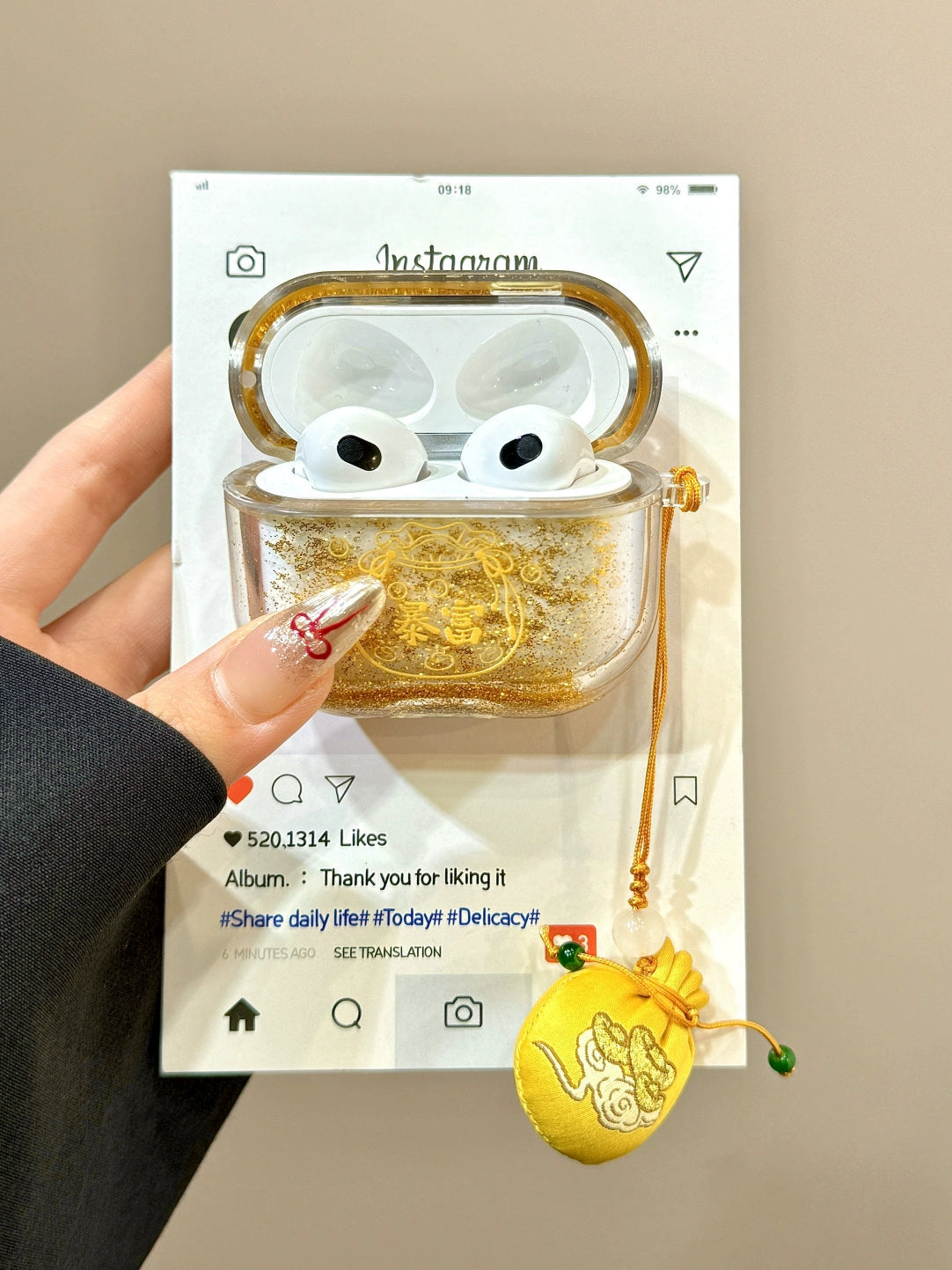 Gold Foil Glitter Quicksand Lucky Bag Pendant Earphone Case, Suitable for Apple Airpods4 Earphone Case Airpodspro3rd Generation 1/2