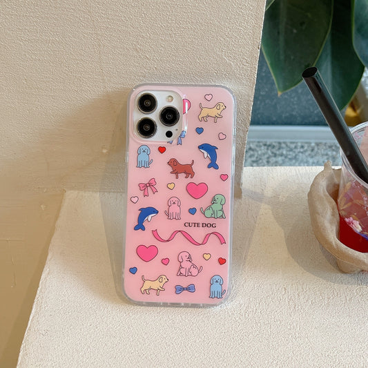 Double-layer Printing Graffiti Pink Cute Animal Puppy Dolphin Love Aesthetics Phone Case Suitable for iPhone16 iPhone15 iPhone14 iPhone13