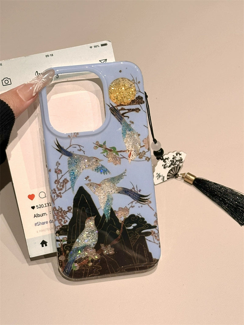 Chinese Style Glitter Lines on Branches Magpie Double-sided Case Aesthetic Mobile Phone Case with Mobile Phone Chain Pendant Suitable for iPhone16 iPhone15 iPhone14 iPhone13