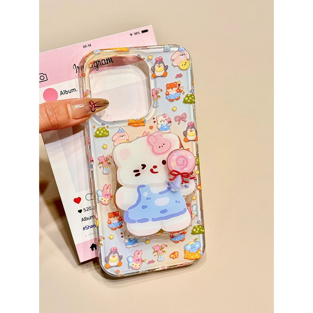 Cute Smudged Small Animal Lollipop Cat Holder Mobile Phone Case Suitable for iPhone16 iPhone15 iPhone14 iPhone13