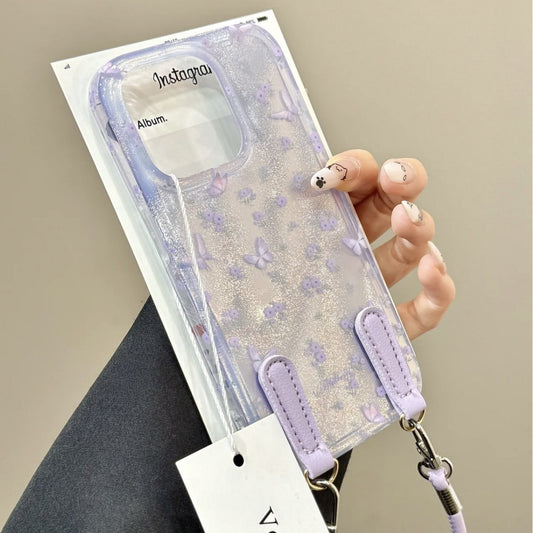 Purple Flower Butterfly Aesthetic Soft Girl Phone Case Suitable for iPhone16 iPhone15 iPhone14 iPhone13 with Phone Chain