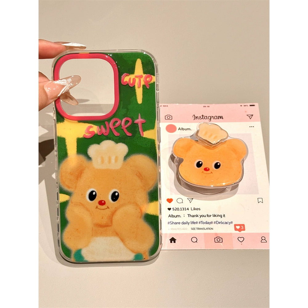 Cartoon Green Background Yellow Bear Illustration Cute Phone Case Suitable for iPhone16 iPhone15 iPhone14 iPhone13