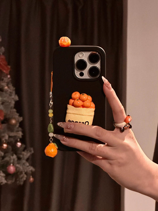 Three-dimensional Orange Cute Fun Aesthetic Mobile Phone Case with Mobile Phone Chain Pendant Suitable for iPhone16 iPhone15 iPhone14 iPhone13