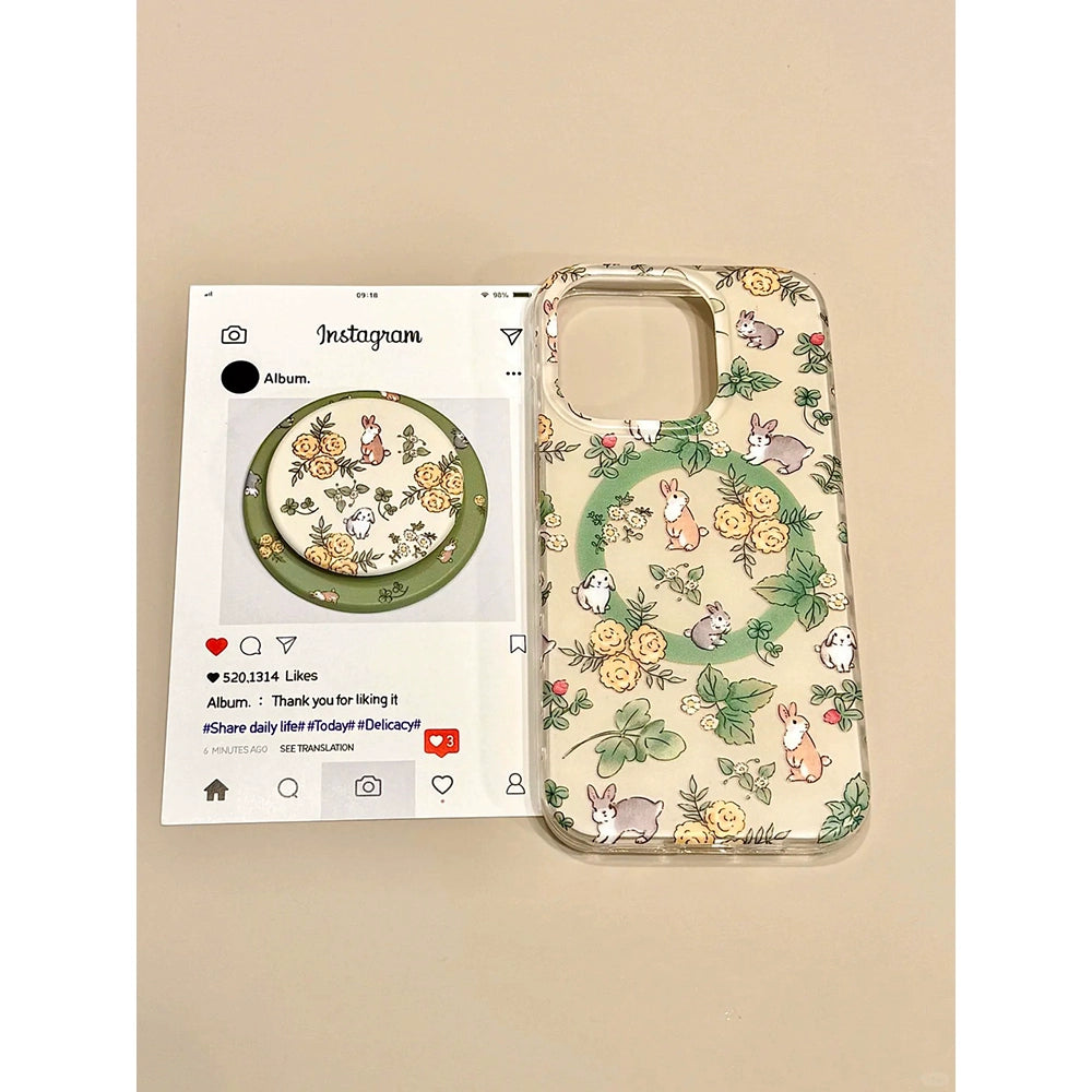 Flower Rabbit Magnetic Holder Pastoral Style Cute Aesthetic Mobile Phone Case Suitable for iPhone16 iPhone15 iPhone14 iPhone13