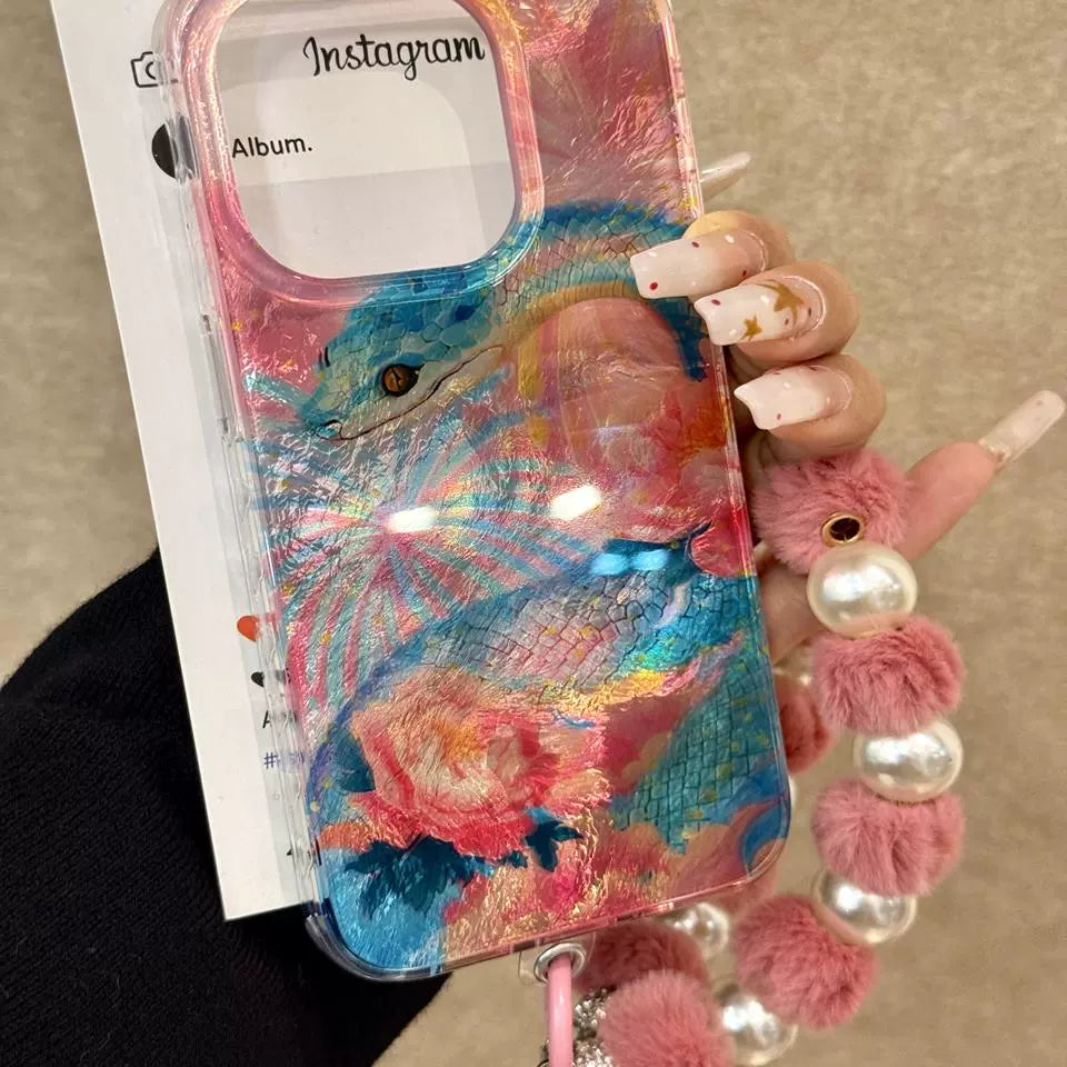 Fireworks Peony Blue Snake Aesthetic Mobile Phone Case, Double-layer Mobile Phone Protective Case Anti-drop Suitable for IPhone16 IPhone15 IPhone14 IPhone13 with Phone Chain