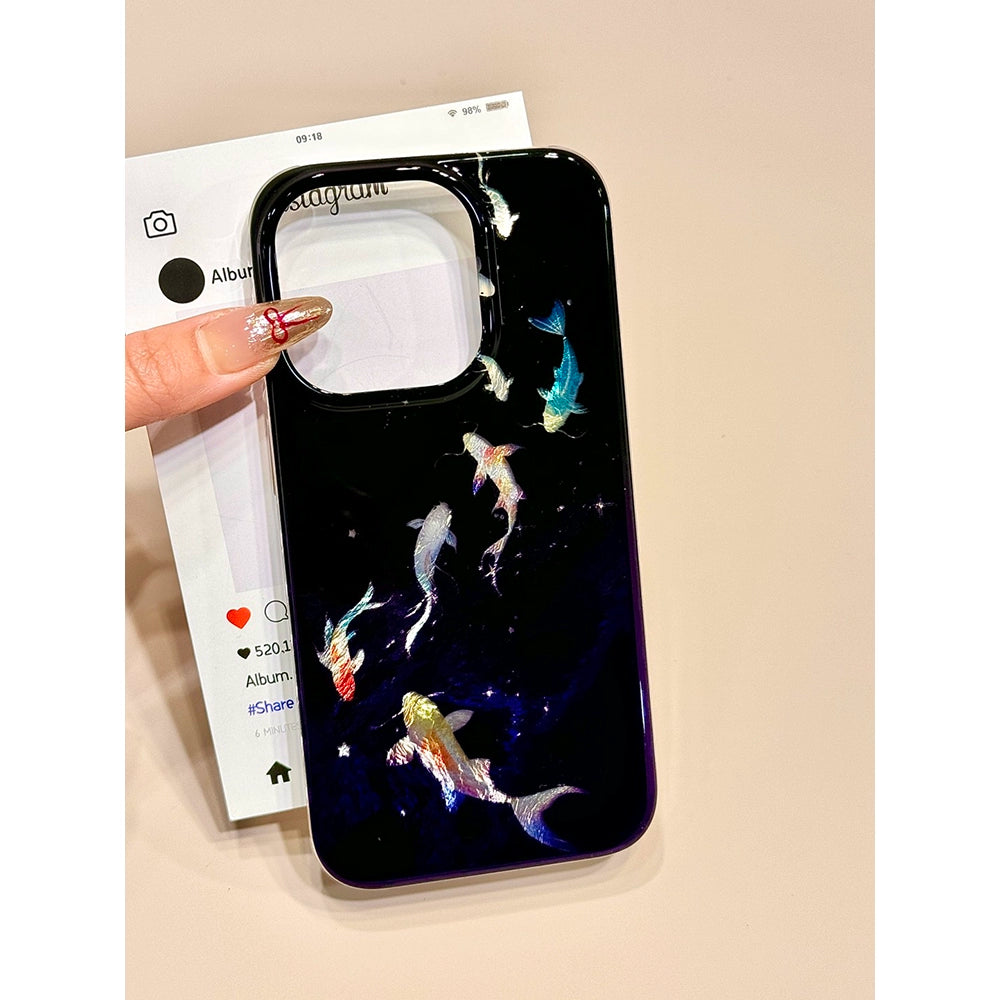 Gradual Change Smudged Hollow Koi Aesthetic Mobile Phone Case with Mobile Phone Chain Pendant Suitable for iPhone16 iPhone15 iPhone14 iPhone13