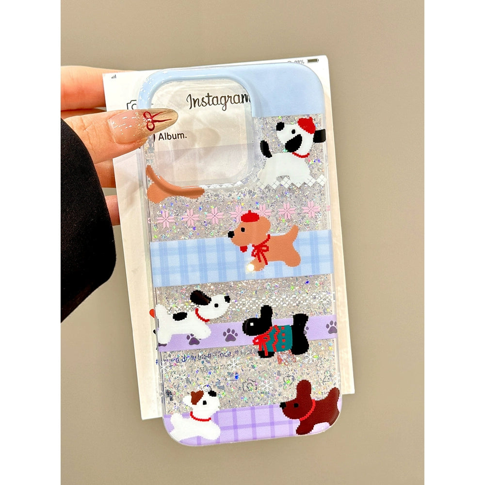 Sequins Glitter Pink and Blue Plaid Multiple Dogs Mosaic Cute Phone Cases Suitable for iPhone16 iPhone15 iPhone14 iPhone13