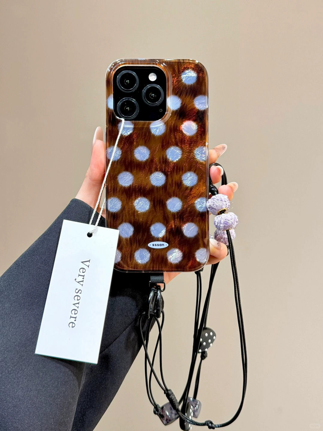 Dark Brown Full-screen Polka Dot Mobile Phone Case with Mobile Phone Chain Pendant Suitable for iPhone16 iPhone15 iPhone14 iPhone13