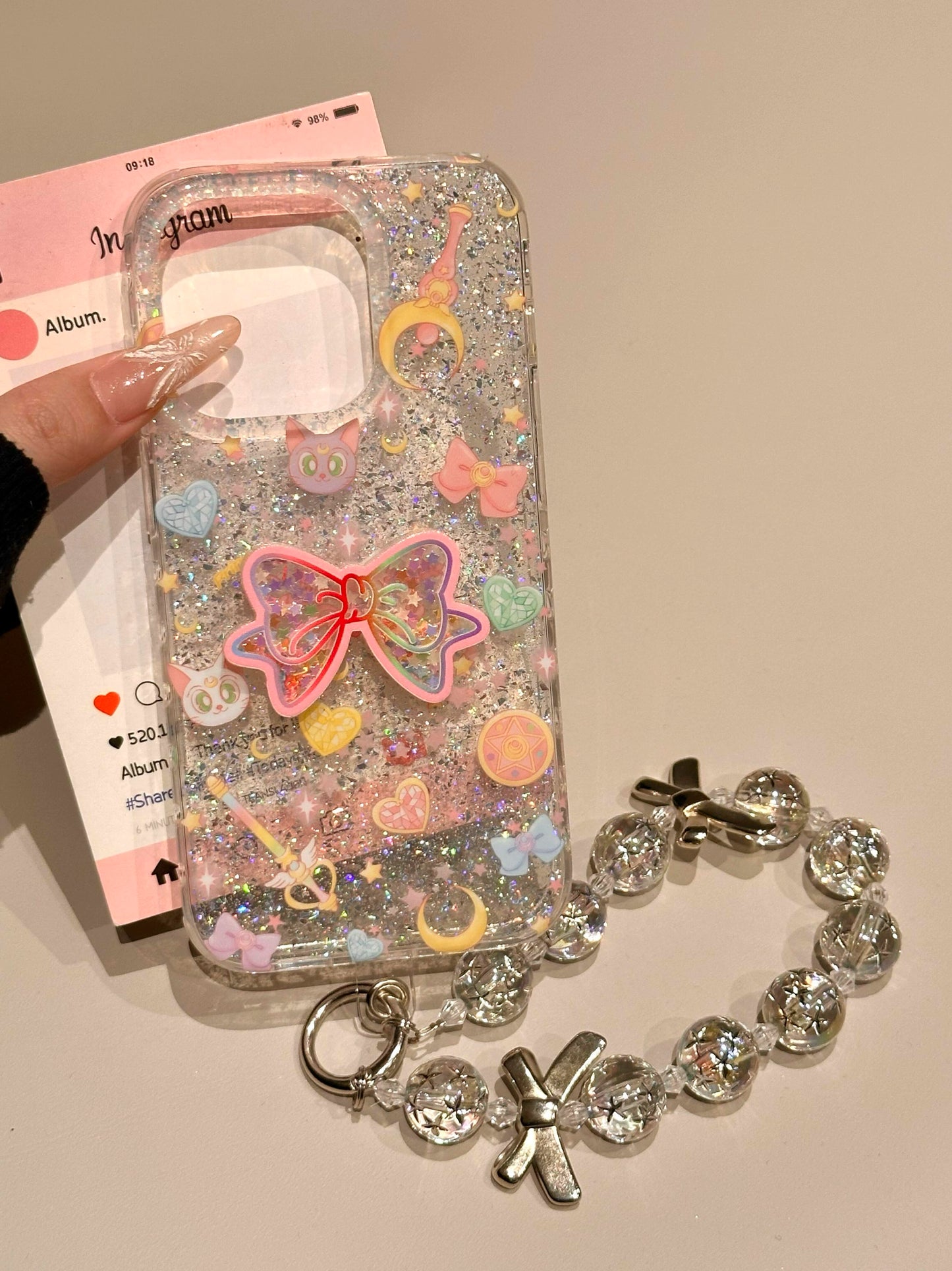 Cute Glitter Bow Black Cat Luna Double-sided Case Transparent Aesthetic Mobile Phone Case with Mobile Phone Chain Pendant Suitable for iPhone16 iPhone15 iPhone14 iPhone13