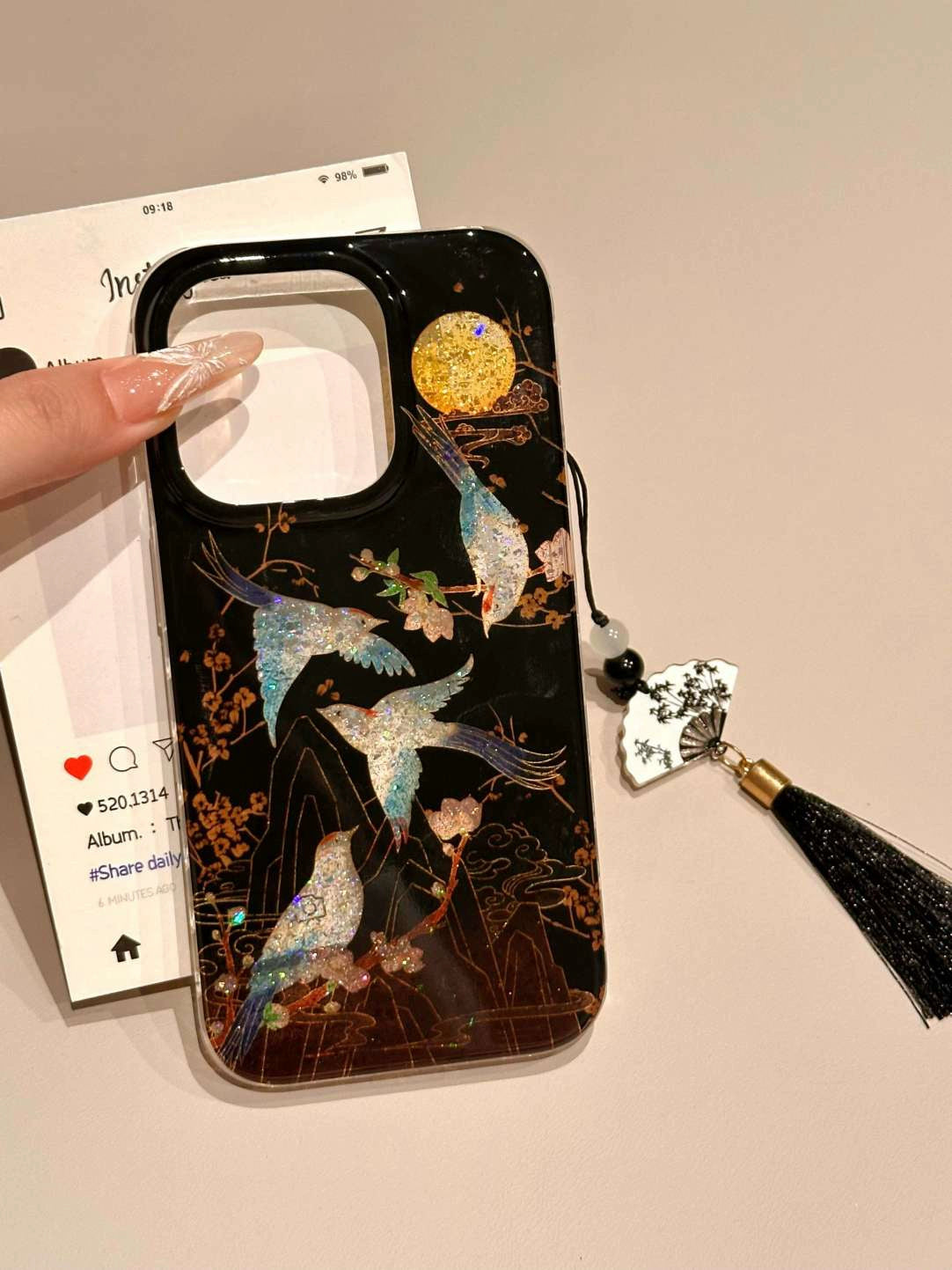 Chinese Style Glitter Lines on Branches Magpie Double-sided Case Aesthetic Mobile Phone Case with Mobile Phone Chain Pendant Suitable for iPhone16 iPhone15 iPhone14 iPhone13