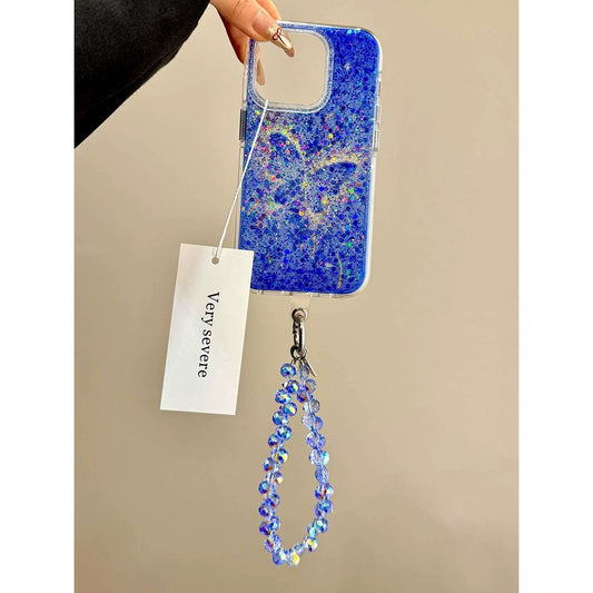 Transparent Blue Glitter Butterfly Beaded Chain Dream Aesthetic Mobile Phone Case Suitable for iPhone16 iPhone15 iPhone14 iPhone13