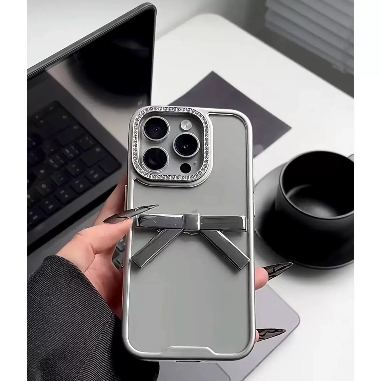 Transparent Silver Three-dimensional Electroplated Bow Aesthetic Mobile Phone Case Suitable for iPhone16 iPhone15 iPhone14 iPhone13