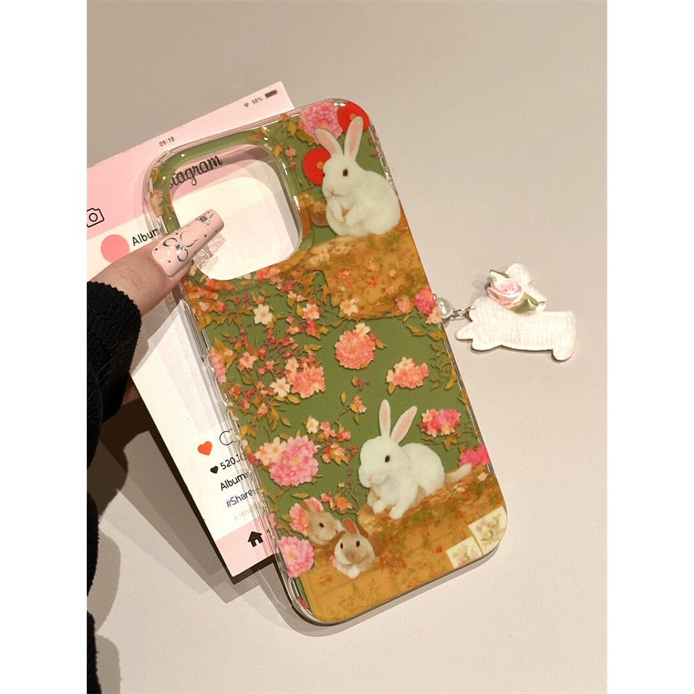 Pastoral Style Cartoon Green Background Floral Bunny Garden Cute Aesthetic Mobile Phone Case with Mobile Phone Chain Pendant Suitable for iPhone16 iPhone15 iPhone14 iPhone13