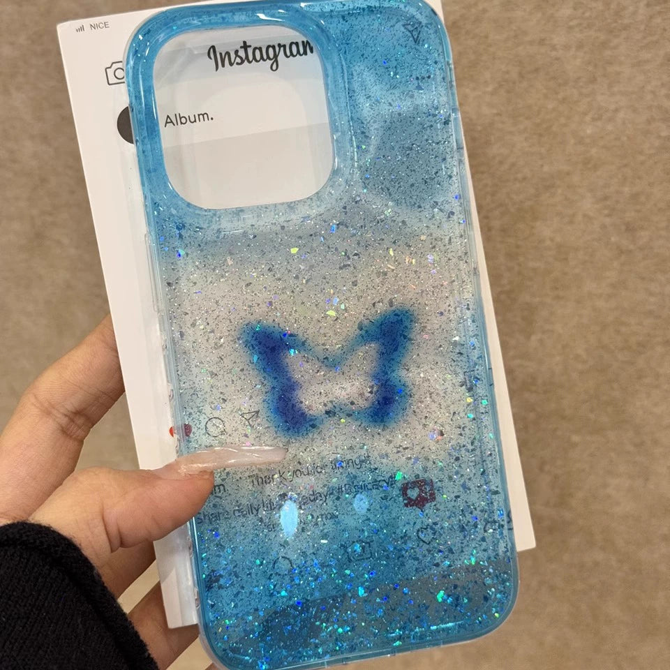 Translucent Blue Glitter Hollow Butterfly Art Aesthetic Phone Case, Soft and Sweet Girl Suitable for iPhone16 iPhone15 iPhone14 iPhone13