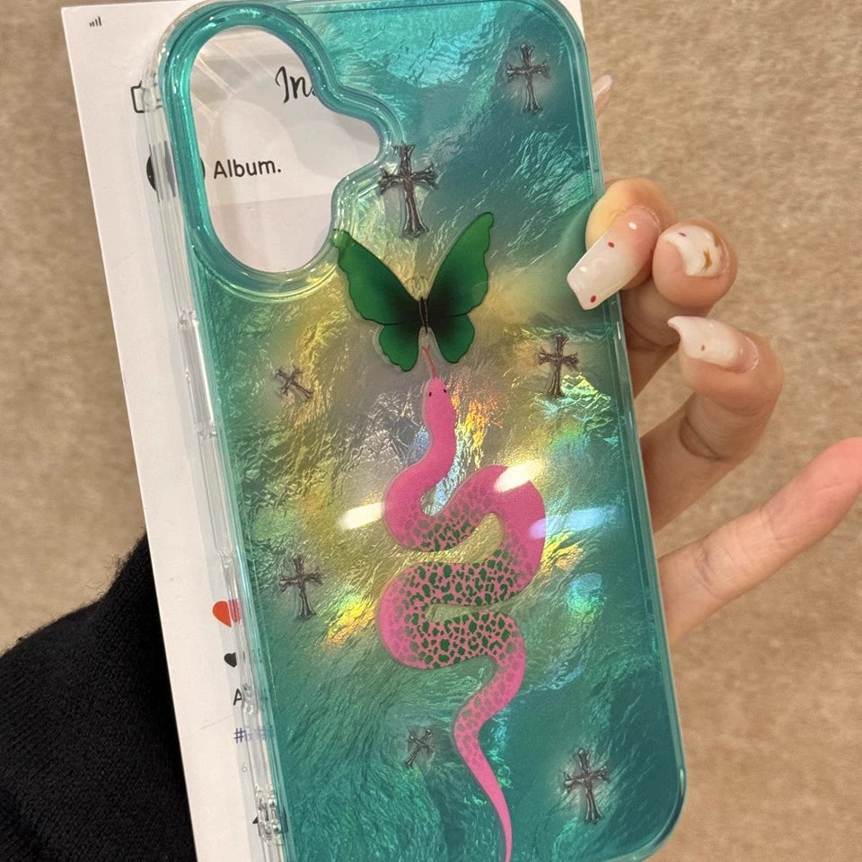 Pink Snake Green Butterfly Cross Aesthetic Mobile Phone Case, Tinfoil Pattern Mobile Phone Case, with Mobile Phone Chain, Suitable for iPhone16promax iPhone15 iPhone14 iPhone13