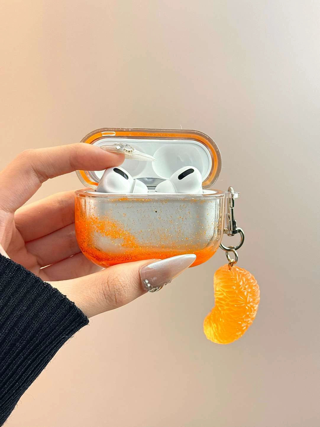 Orange Glitter Quicksand Earphone Case Bluetooth Headset Protective Cover, Suitable for Airpodspro2 AirPods 1 /2 New Airpods4th Generation and 3rd Generation Silicone Anti-drop Protective Cover Women's