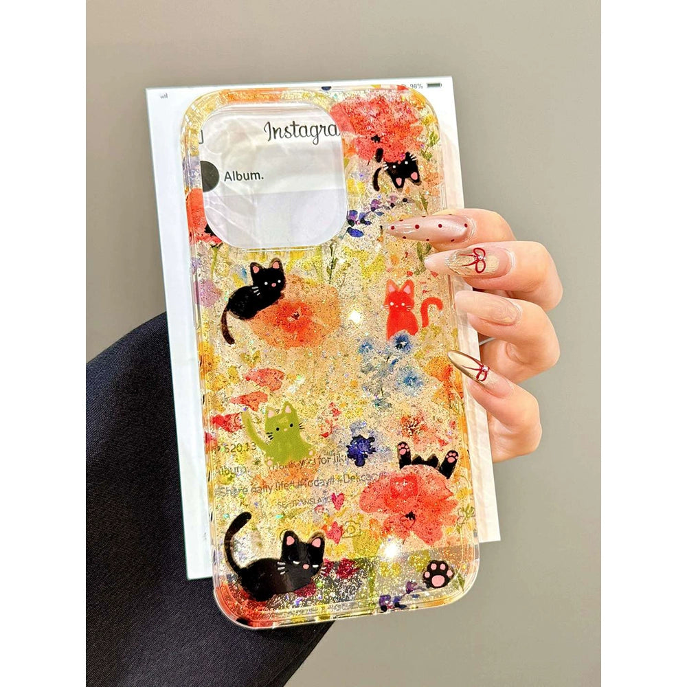 Transparent Yellow Cute Glitter Flower Cat Mobile Phone Case with Mobile Phone Chain Pendant Suitable for iPhone16 iPhone15 iPhone14 iPhone13