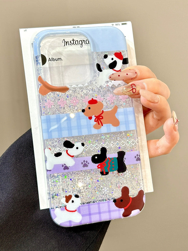 Sequins Glitter Pink and Blue Plaid Multiple Dogs Mosaic Cute Phone Cases Suitable for iPhone16 iPhone15 iPhone14 iPhone13