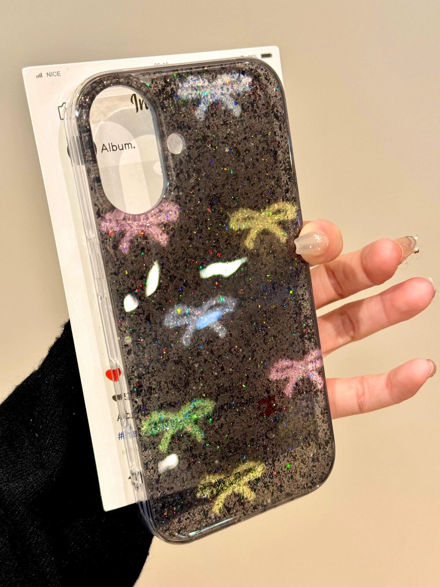 Girl Colored Bow Glitter Black Background Aesthetic Phone Case Suitable for iPhone16 iPhone15 iPhone14 iPhone13