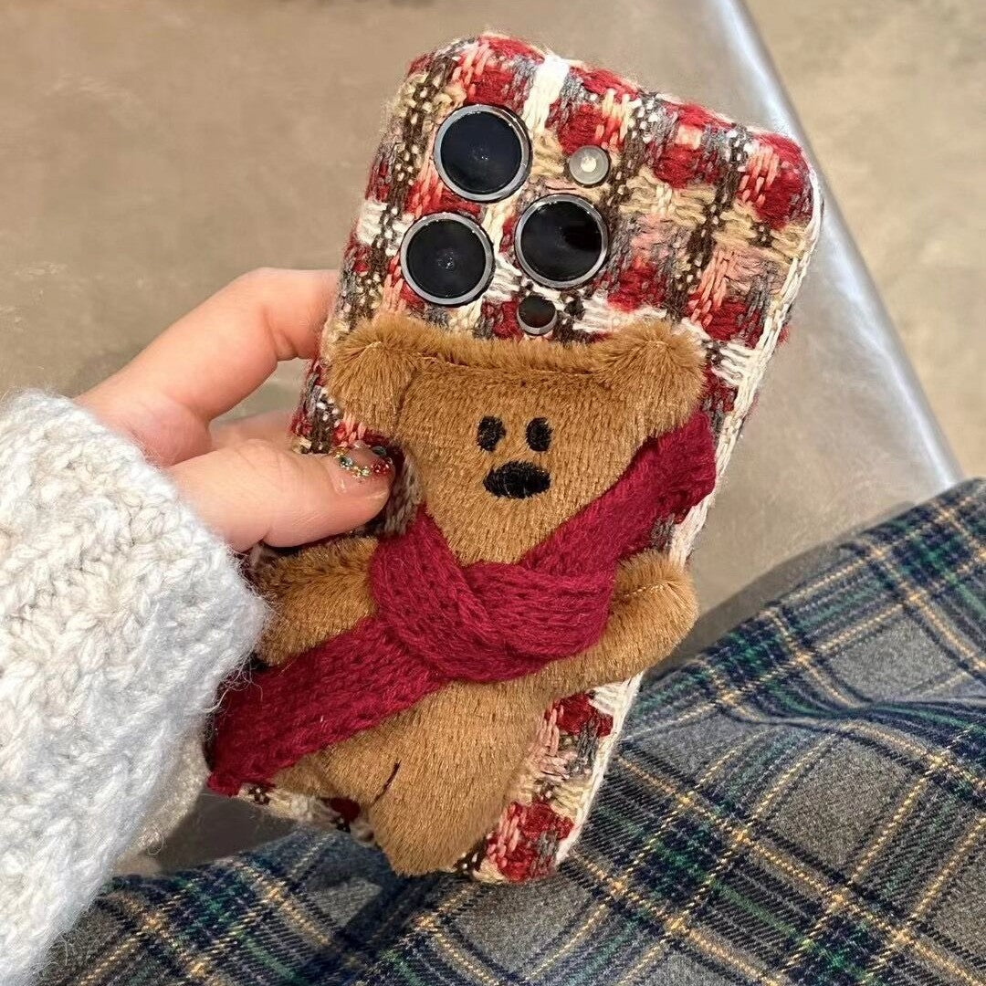 Plush Plaid Red Scarf Teddy Bear Cute Phone Case Suitable for iPhone16 iPhone15 iPhone14 iPhone13