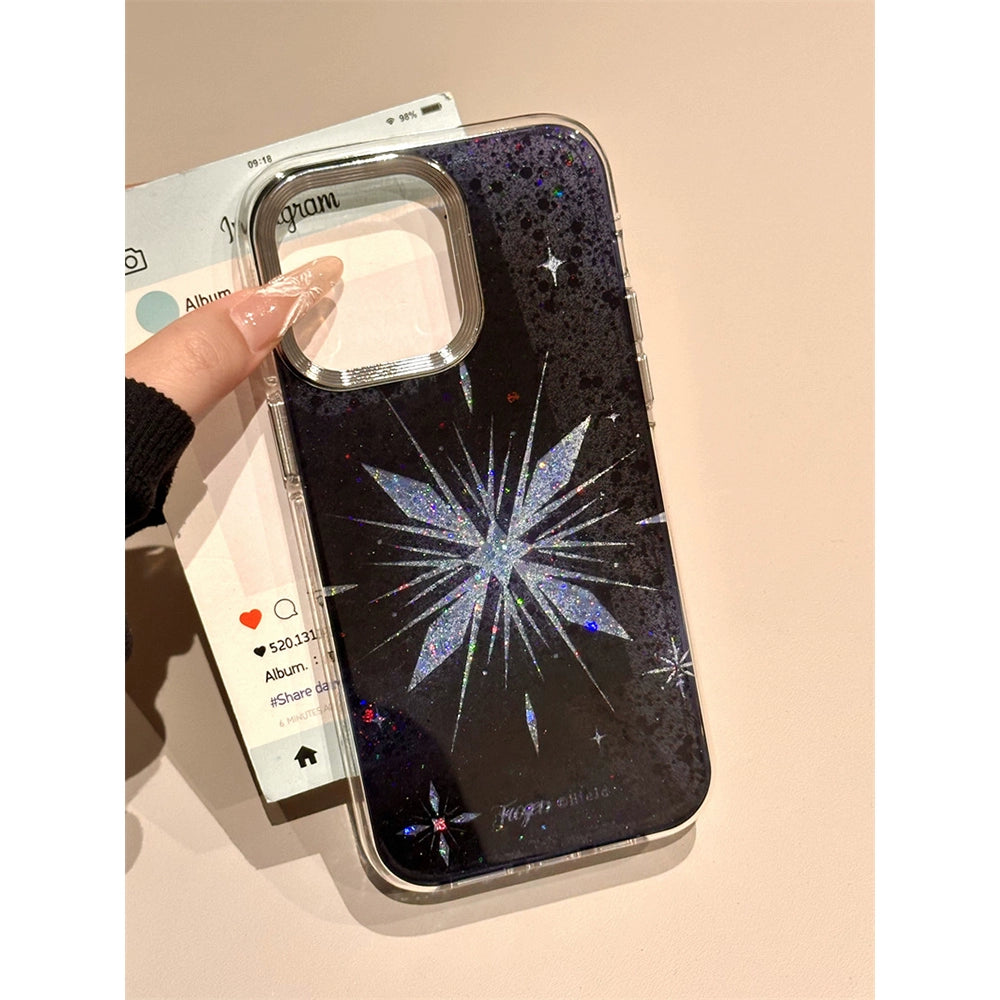 Black Background Glitter Blue Snowflake Aesthetic Mobile Phone Case Suitable for iPhone16 iPhone15 iPhone14 iPhone13