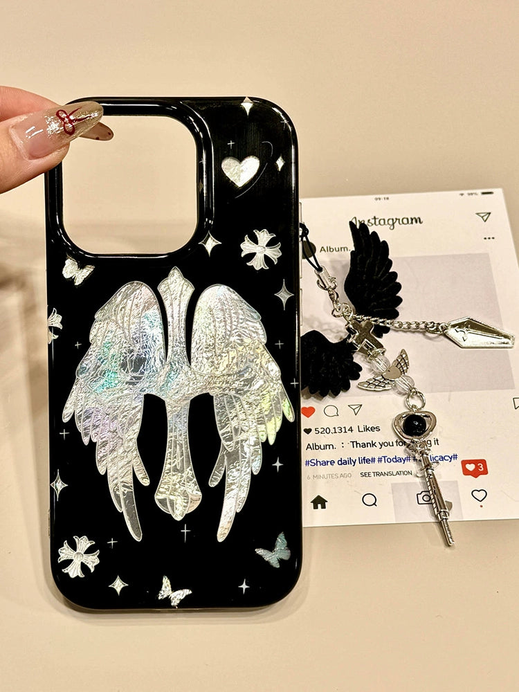 Tin Foil Pattern Silver Cross Wing Pendant Dark Aesthetic Mobile Phone Case with Mobile Phone Chain Pendant Suitable for iPhone16 iPhone15 iPhone14 iPhone13