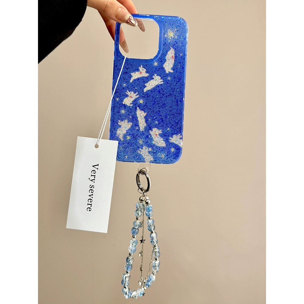 Sequin Glitter Transparent Blue Star Chasing Rabbit Chain Dream Aesthetic Mobile Phone Case Suitable for iPhone16 iPhone15 iPhone14 iPhone13