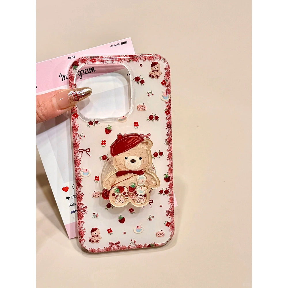 Girl Circumference Flower Strawberry Bear Holder Cute Aesthetic Phone Case Suitable for iPhone16 iPhone15 iPhone14 iPhone13